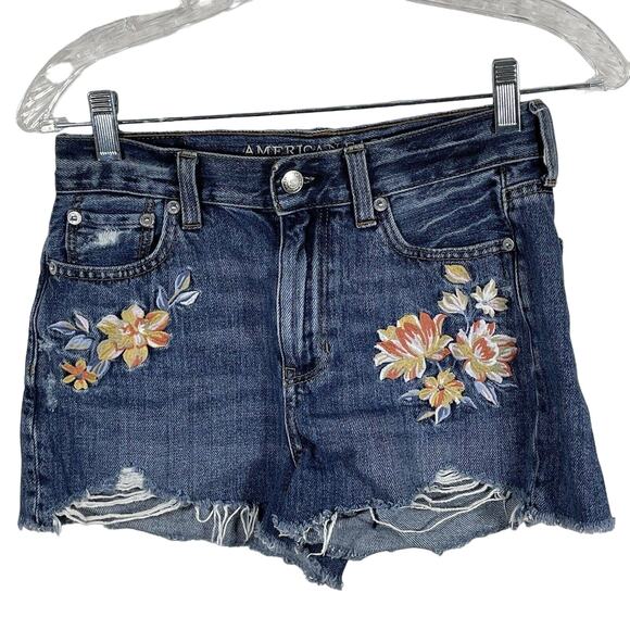 American Eagle Dark Cut Off Denim Jean Distressed Shorts Floral Embroidery 0 - Picture 1 of 6